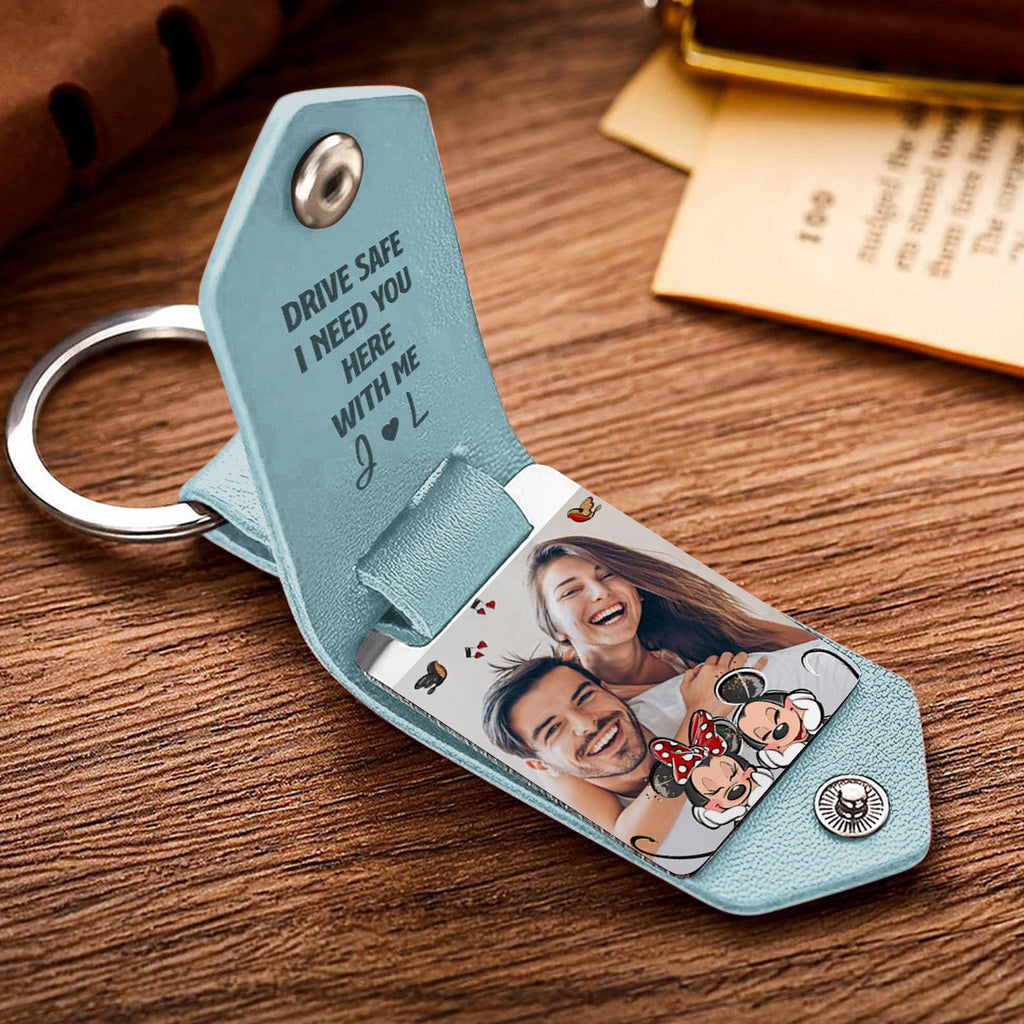Personalized Leather Photo Keychain Couple Gift with Custom Message Leather Photo Keychain GradoCreations