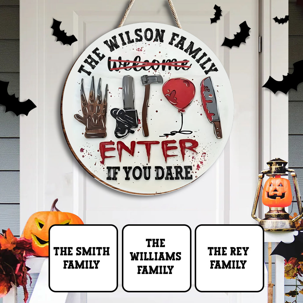 Personalized Halloween Round Wood Sign Custom Family Name Enter If You Dare Round Wood Sign GradoCreations