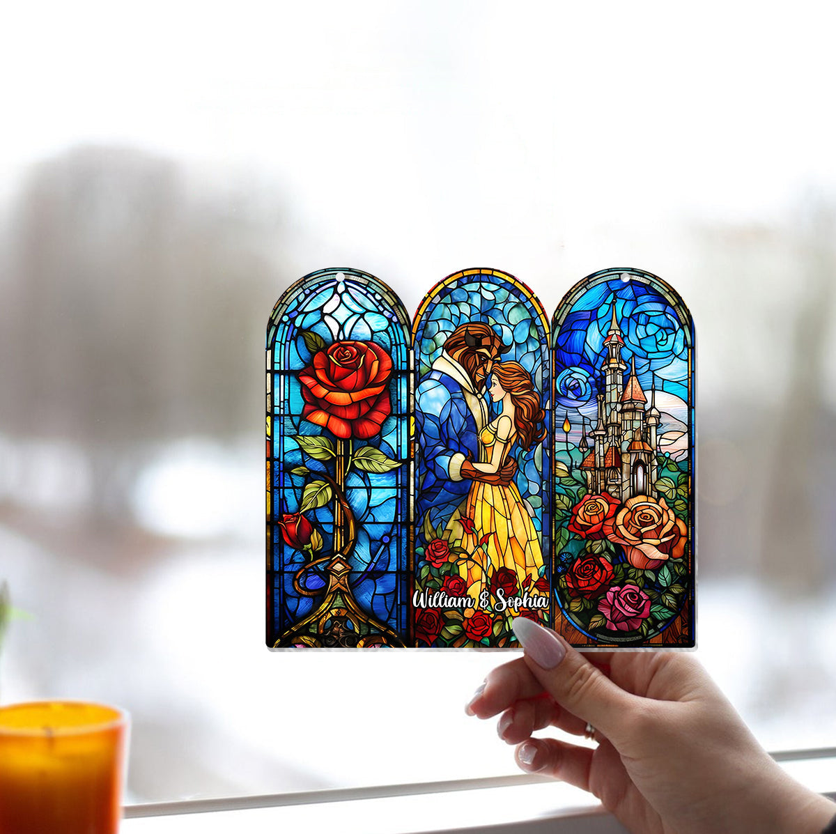 Personalized Beauty and the Beast Suncatcher Ornament Gift Window Hanging Suncatcher Ornament GradoCreations