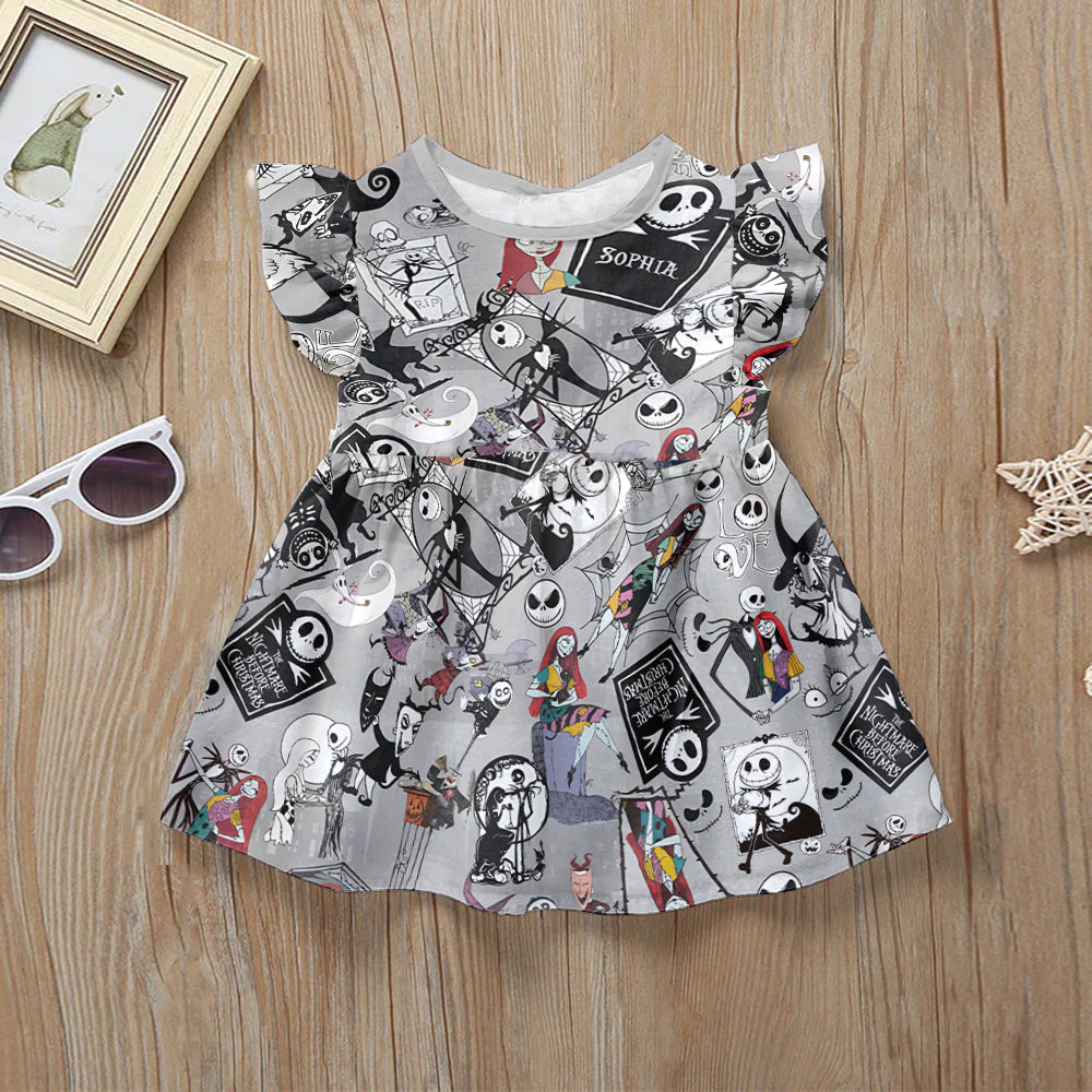 Personalized Nightmare Kids Ruffle Sleeve Dress for Halloween Kid Ruffle Sleeve Dress GradoCreations