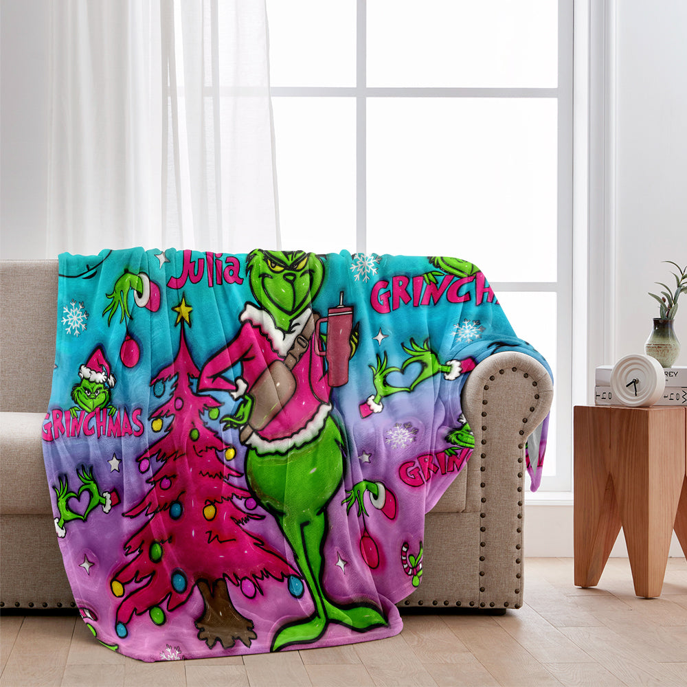 Personalized Grinch Christmas Blanket Custom Name Gift Blanket GradoCreations