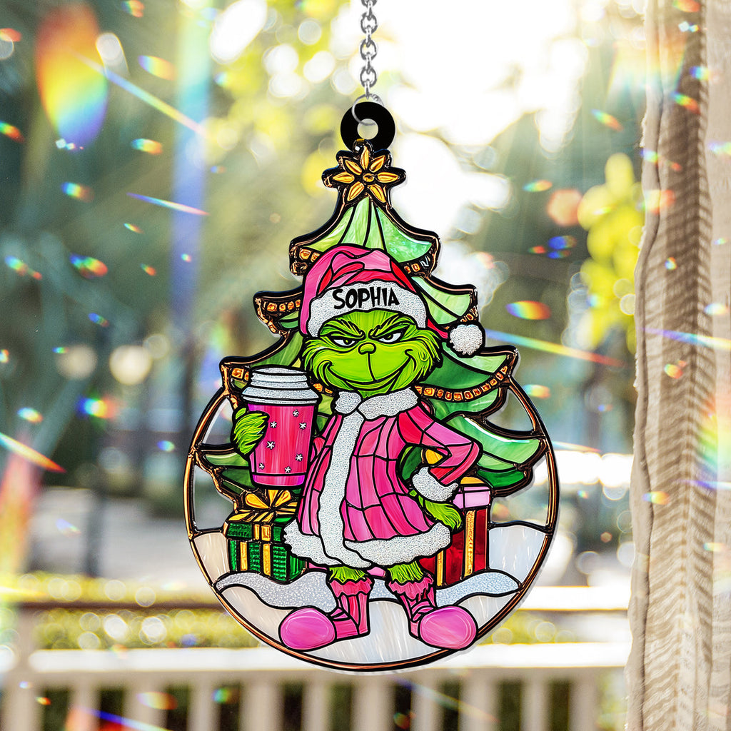 Personalized Grinchy Green Santa Suncatcher Ornament Gift Window Hanging Suncatcher Ornament GradoCreations