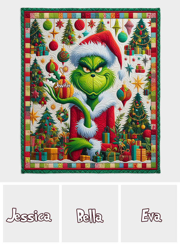 Personalized Grinch Christmas Quilt Custom Name Holiday Decor Quilt GradoCreations