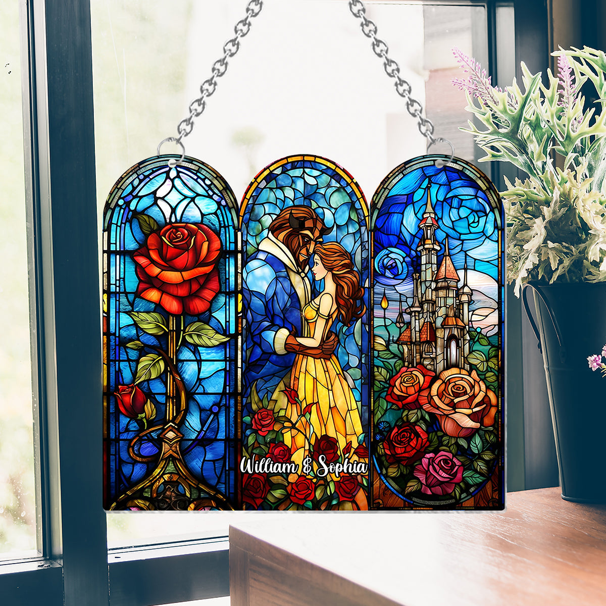 Personalized Beauty and the Beast Suncatcher Ornament Gift Window Hanging Suncatcher Ornament GradoCreations