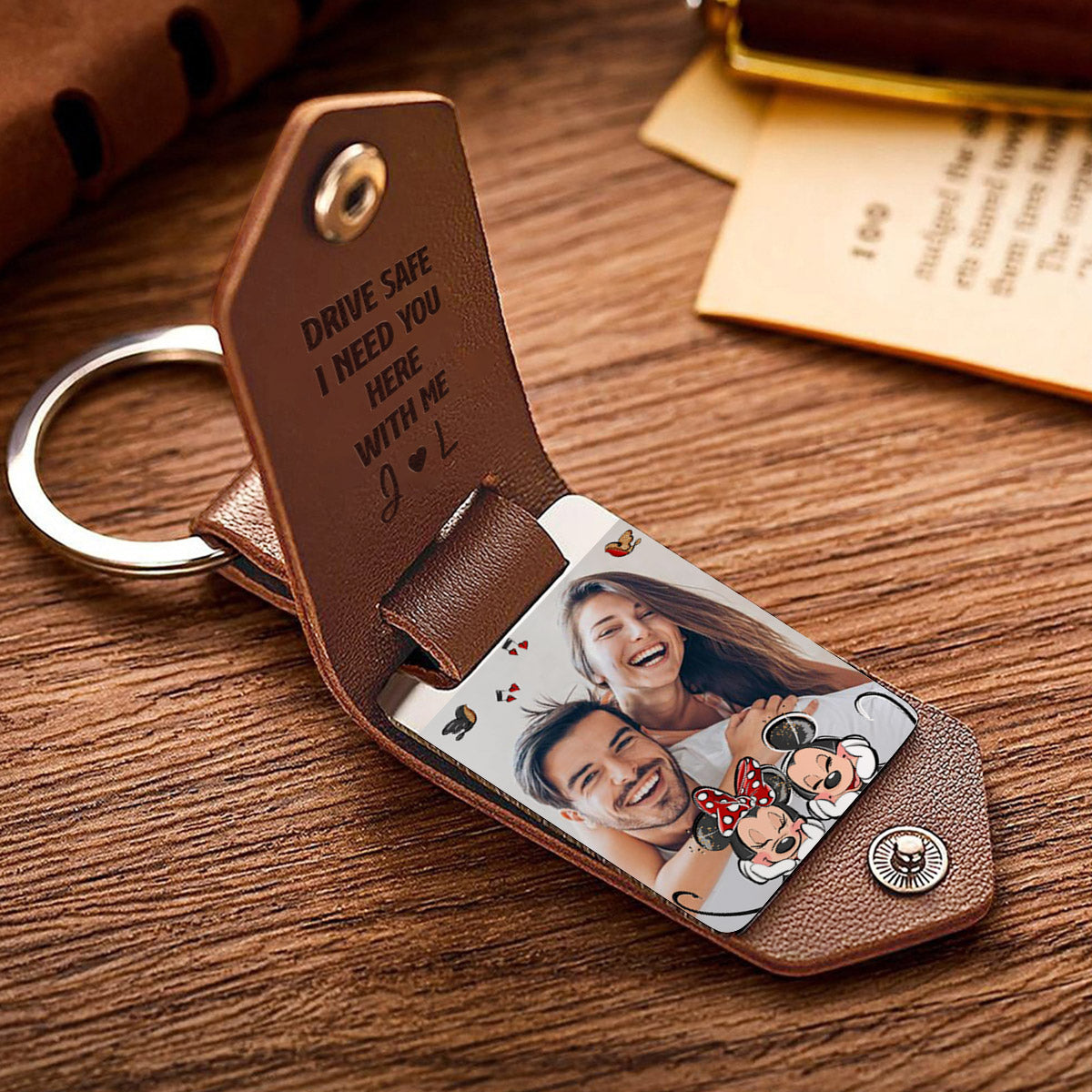 Personalized Leather Photo Keychain Couple Gift with Custom Message Leather Photo Keychain GradoCreations