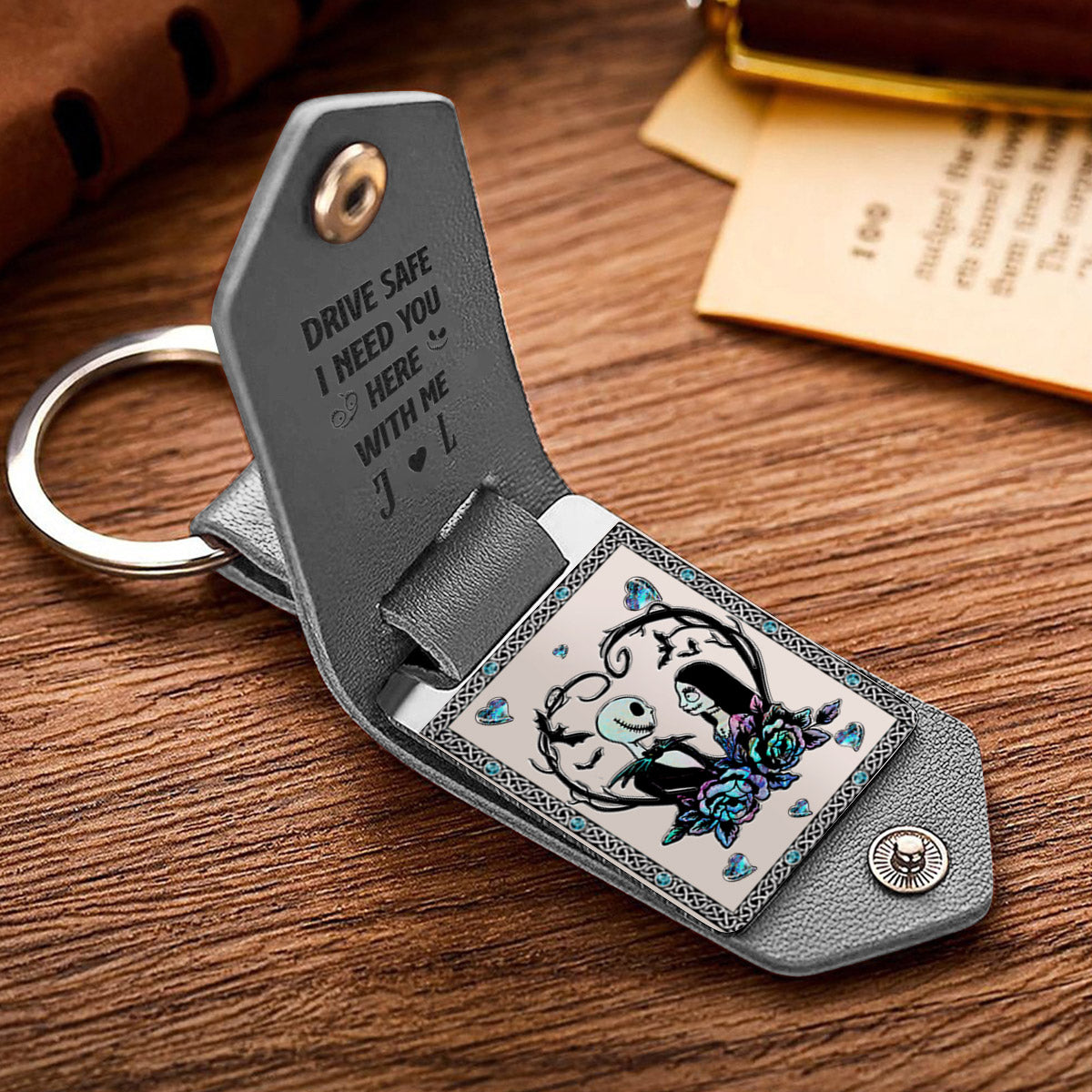 Personalized Leather Photo Keychain Gift for Couples | Drive Safe Reminder Leather Photo Keychain GradoCreations