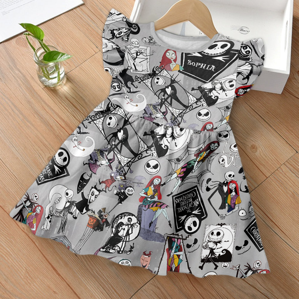 Personalized Nightmare Kids Ruffle Sleeve Dress for Halloween Kid Ruffle Sleeve Dress GradoCreations