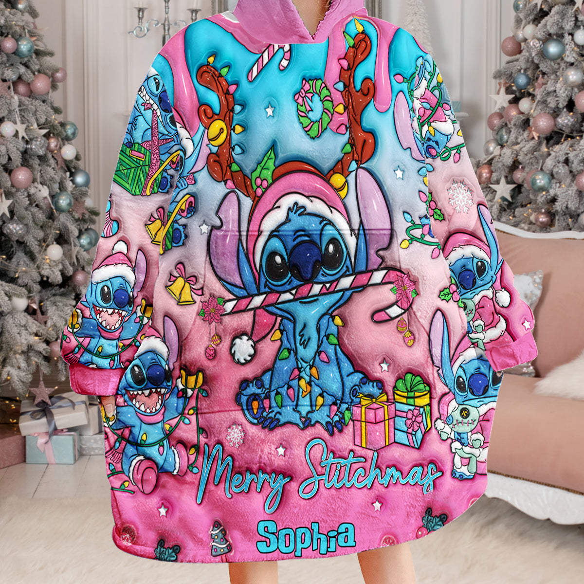 Personalized Merry Stitchmas Blanket Hoodie for Kids | Christmas Gift Blanket Hoodie GradoCreations