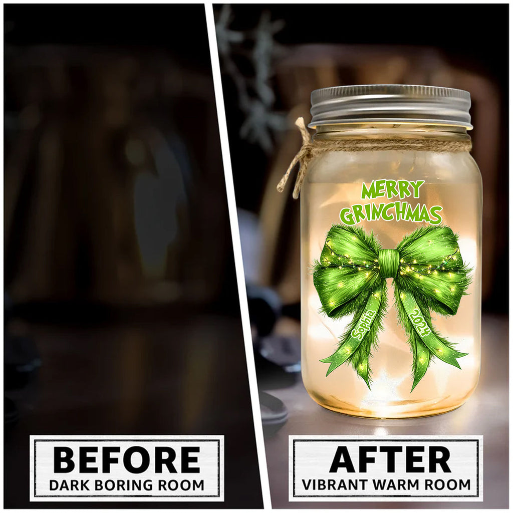 Personalized Grinchy Mason Jar Light Christmas Decor Gift Mason Jar Light GradoCreations