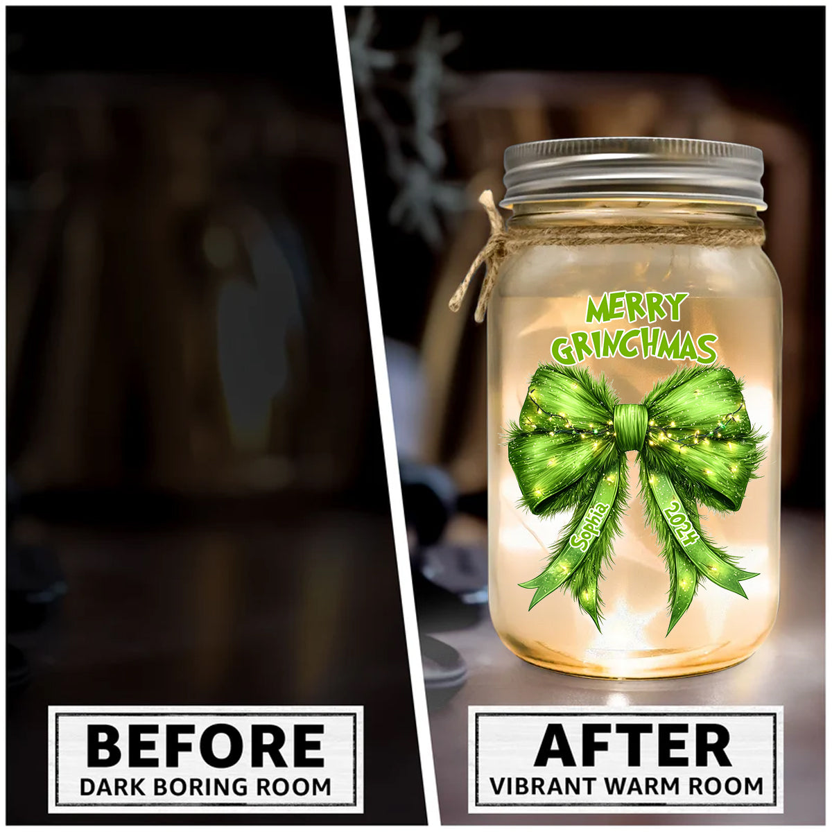 Personalized Grinchy Mason Jar Light Christmas Decor Gift Mason Jar Light GradoCreations