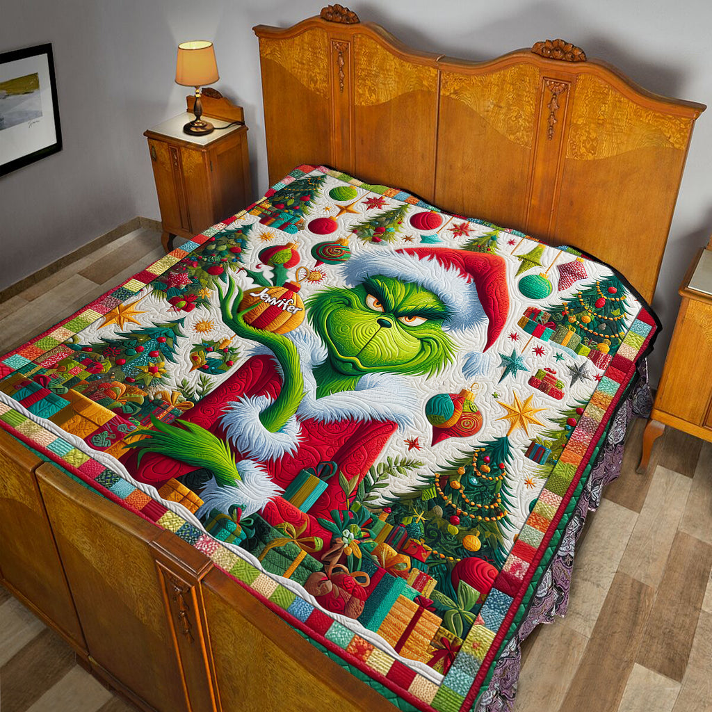 Personalized Grinch Christmas Quilt Custom Name Holiday Decor Quilt GradoCreations