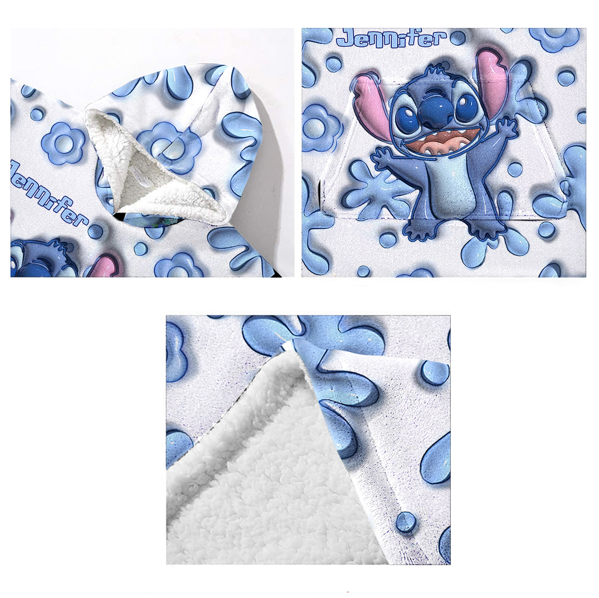 Personalized Blanket Hoodie with Custom Name and Stitch Design Blanket Hoodie GradoCreations