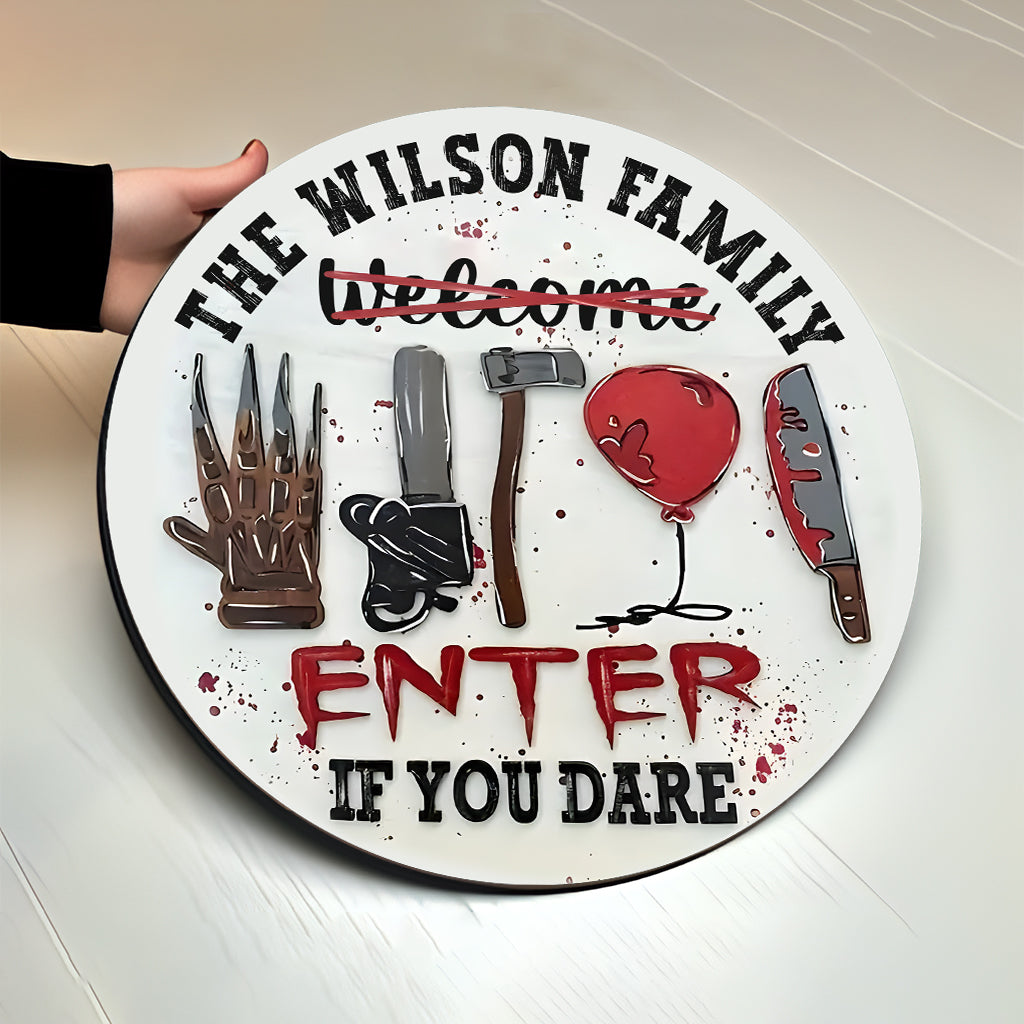 Personalized Halloween Round Wood Sign Custom Family Name Enter If You Dare Round Wood Sign GradoCreations