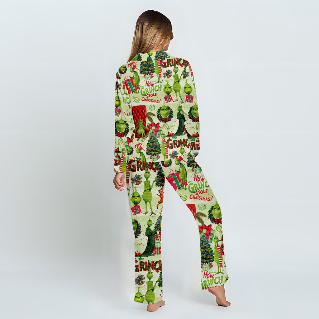 Personalized Grinch Christmas Button Down Pajamas for Couples Button Down Pajamas GradoCreations