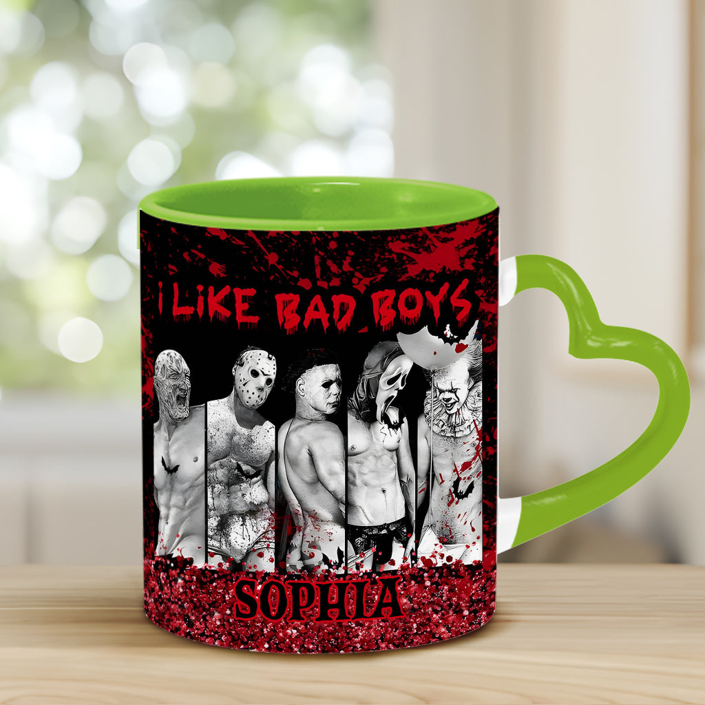 Personalized Heart Handle Mug with 'I Like Bad Boys' Design for Friends Heart Handle Mug GradoCreations
