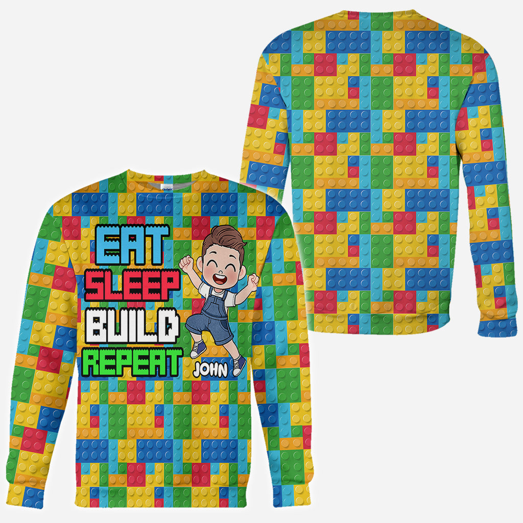 Personalized Fun Kids All Over Shirt with Name – Eat Sleep Build Repeat All Over Shirt GradoCreations