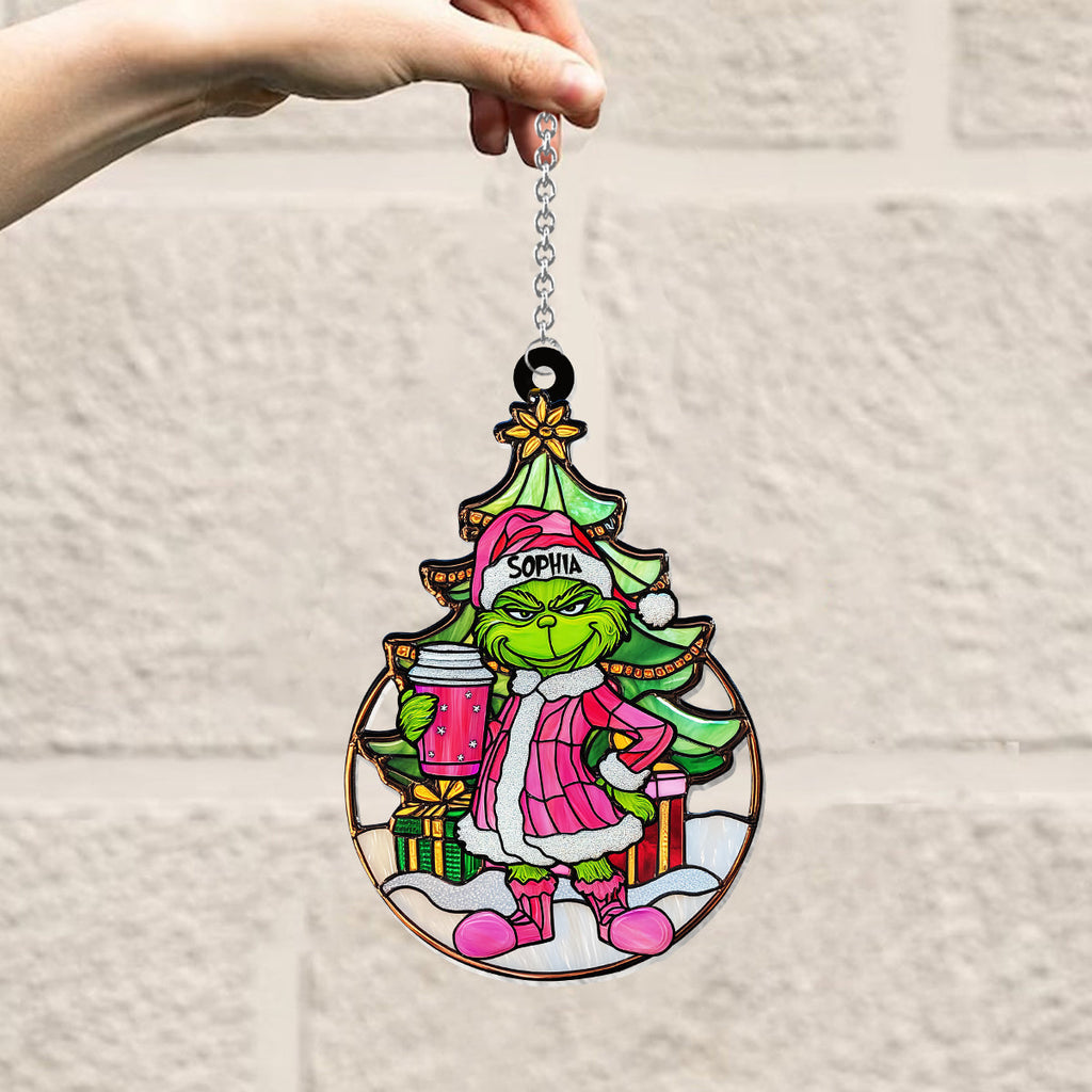 Personalized Grinchy Green Santa Suncatcher Ornament Gift Window Hanging Suncatcher Ornament GradoCreations