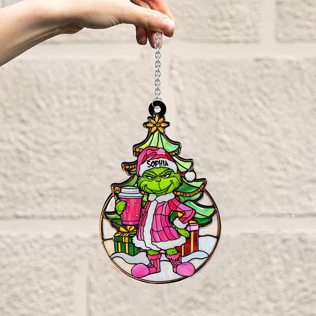Personalized Grinchy Green Santa Suncatcher Ornament Gift Window Hanging Suncatcher Ornament GradoCreations
