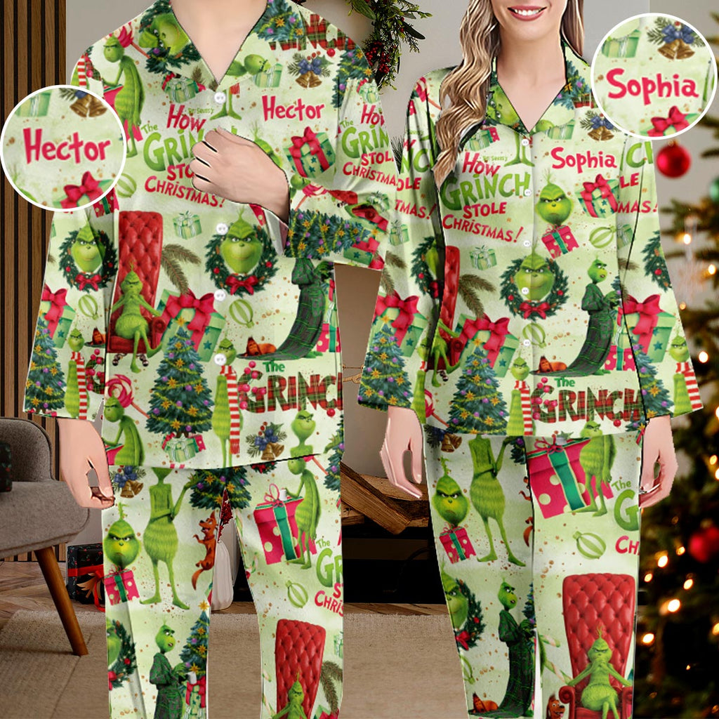 Personalized Grinch Christmas Button Down Pajamas for Couples Button Down Pajamas GradoCreations