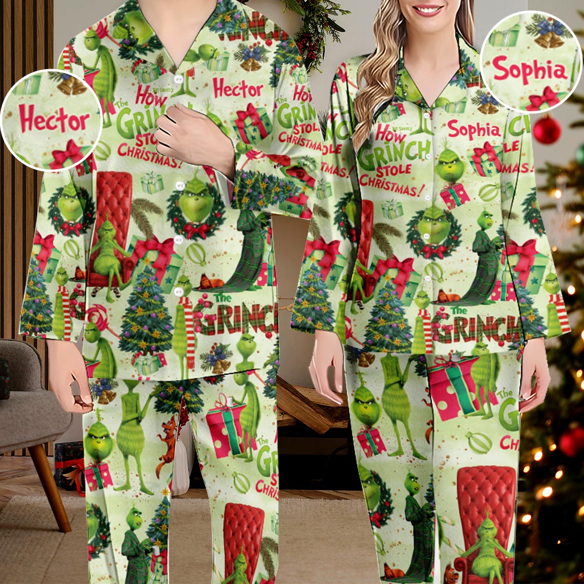 Personalized Grinch Christmas Button Down Pajamas for Couples Button Down Pajamas GradoCreations