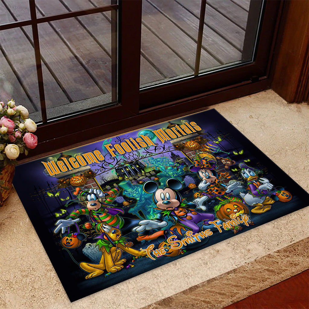 Personalized Welcome Foolish Mortals Doormat for Halloween Housewarming Doormat GradoCreations