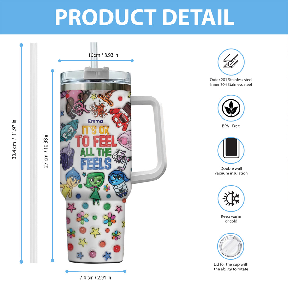 Personalized Insulated Tumbler with Handle - Custom Name Gift for Kids Tumbler With Handle GradoCreations