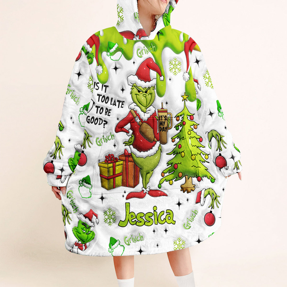 Personalized Grinchmas Blanket Hoodie Gift for Kids - Cozy Holiday Apparel Blanket Hoodie GradoCreations