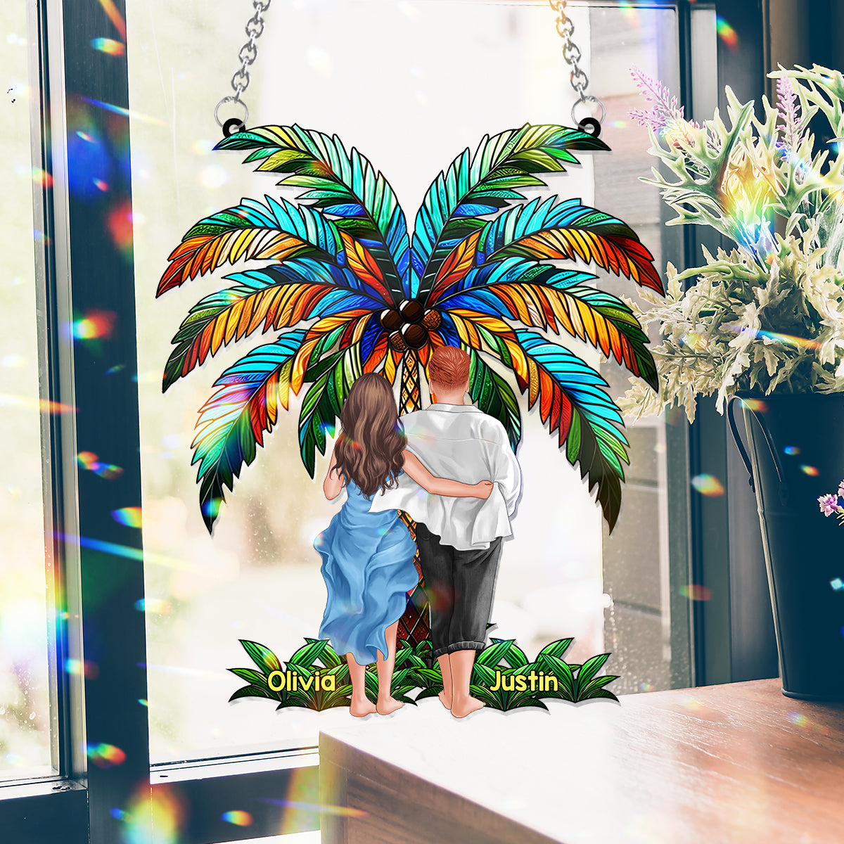 Personalized Couple Suncatcher Ornament Custom Name Gift Under Palm Tree Window Hanging Suncatcher Ornament GradoCreations