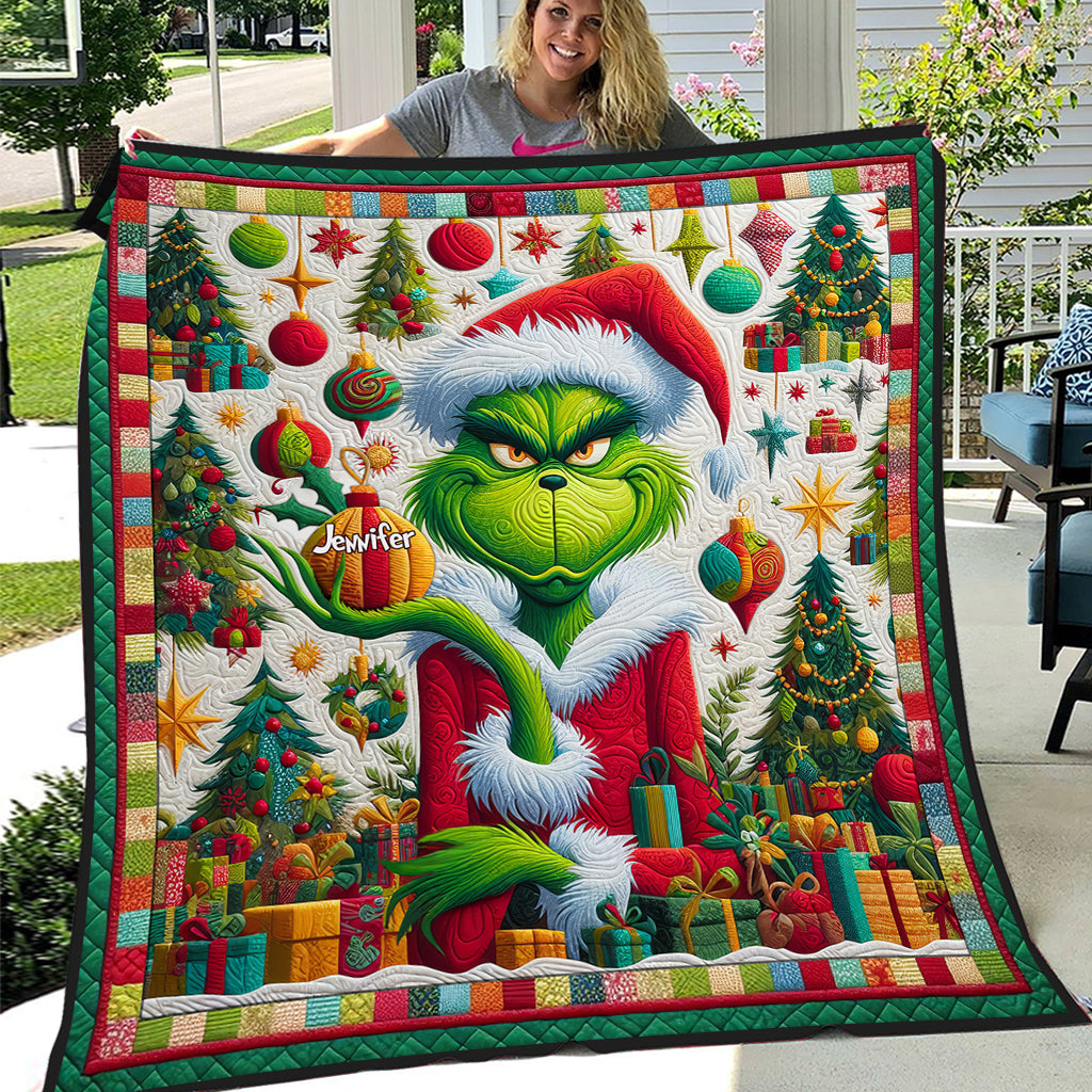 Personalized Grinch Christmas Quilt Custom Name Holiday Decor Quilt GradoCreations