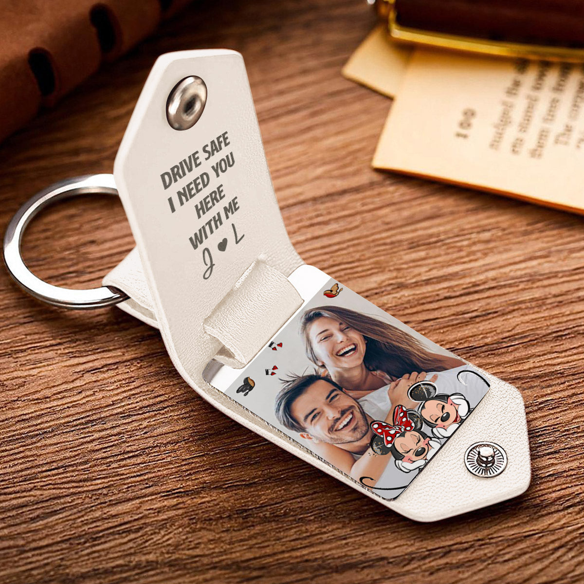 Personalized Leather Photo Keychain Couple Gift with Custom Message Leather Photo Keychain GradoCreations