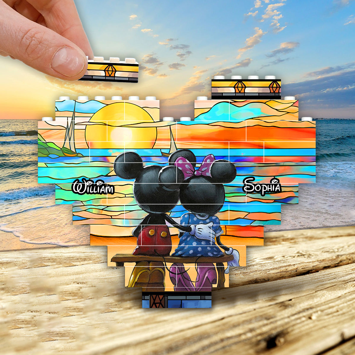 Personalized Heart Building Brick Blocks Sunset Design Gift for Couples Heart Building Brick Blocks GradoCreations