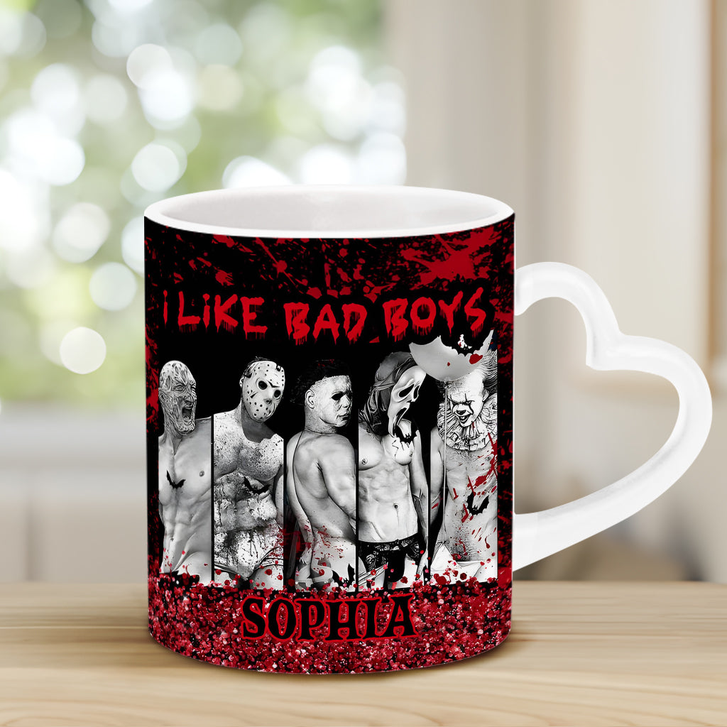 Personalized Heart Handle Mug with 'I Like Bad Boys' Design for Friends Heart Handle Mug GradoCreations