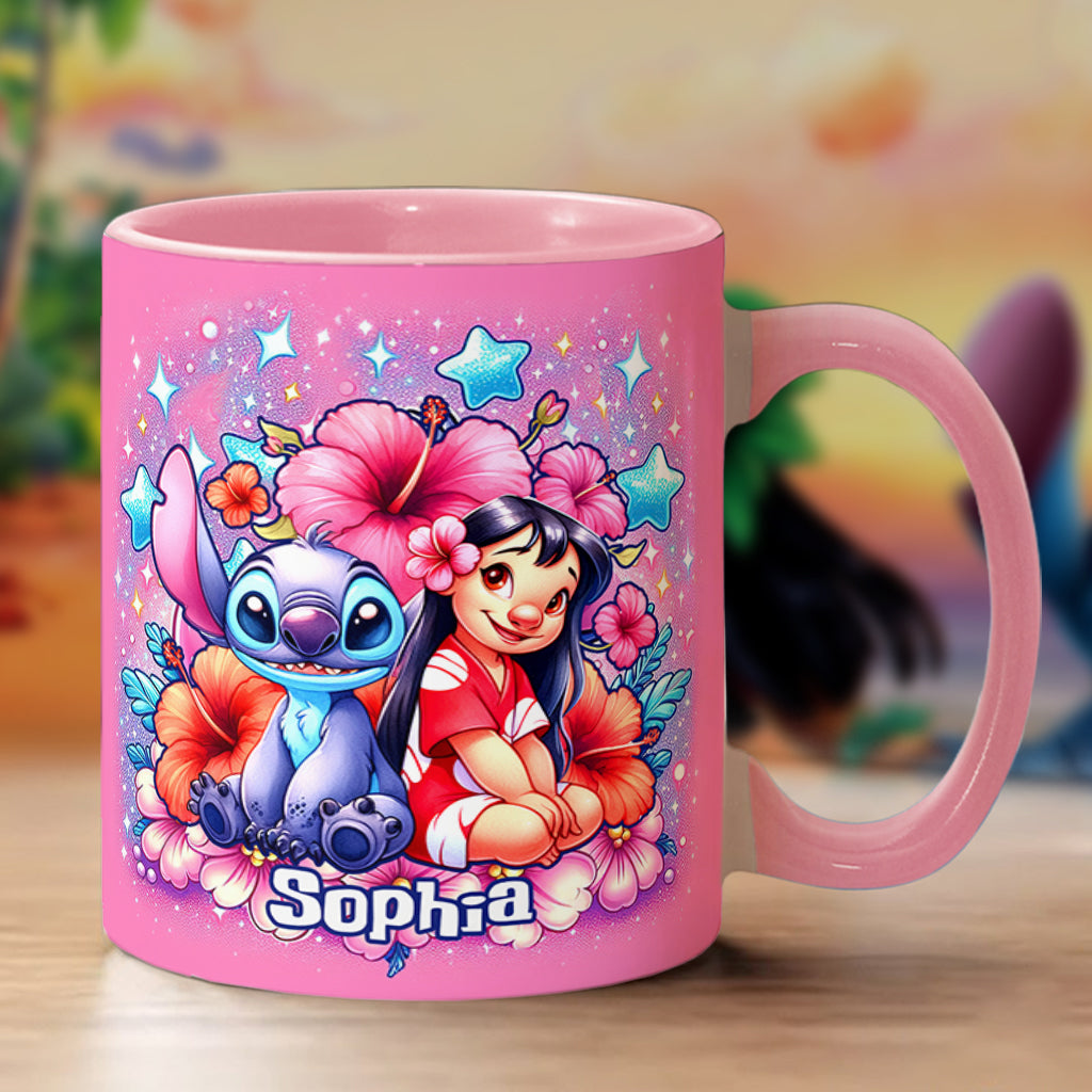 Personalized Pink Accent Mug with Ohana Bubble Flowers Design Accent Mug GradoCreations