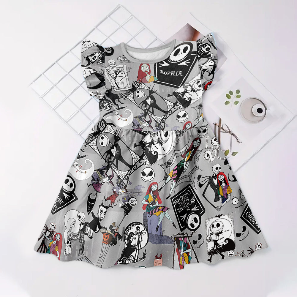 Personalized Nightmare Kids Ruffle Sleeve Dress for Halloween Kid Ruffle Sleeve Dress GradoCreations
