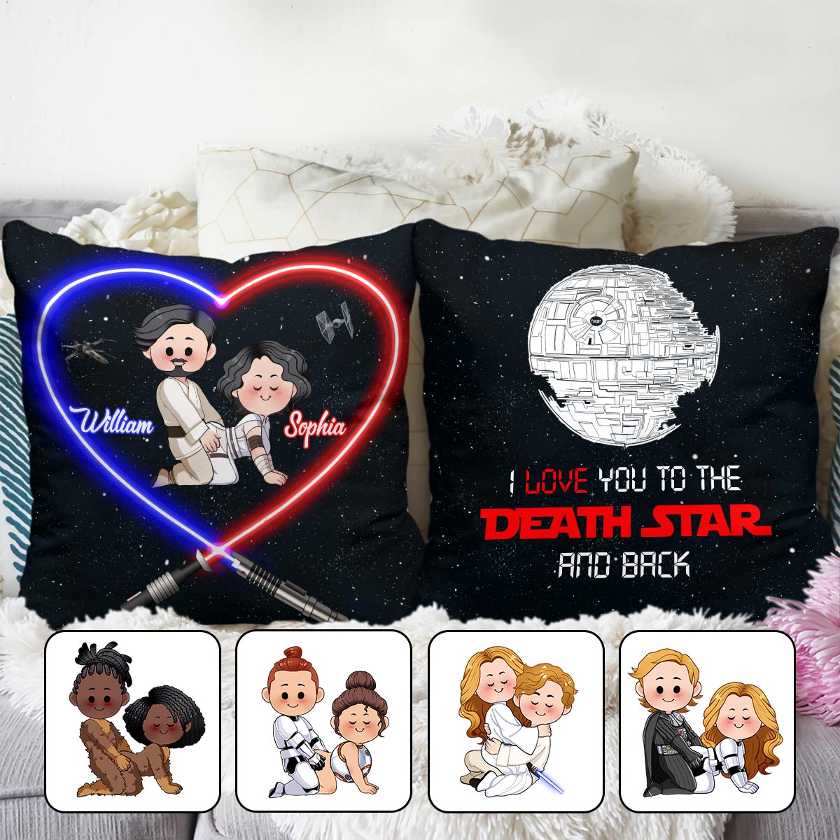 Personalized Star Wars Throw Pillow Custom Names Gift for Couples Throw Pillow GradoCreations