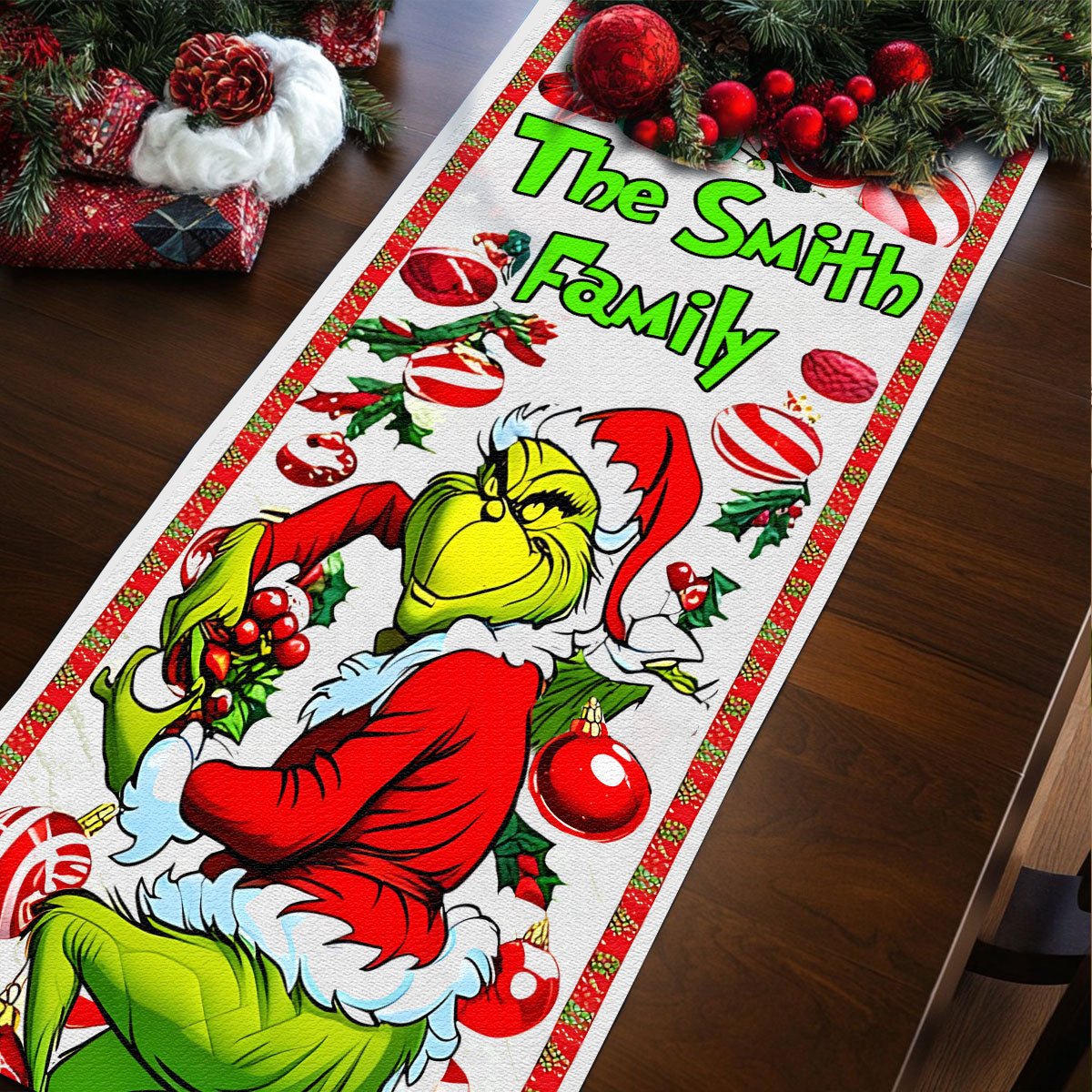 Personalized Grinchmas Family Table Runner Christmas Decor Table Runner GradoCreations