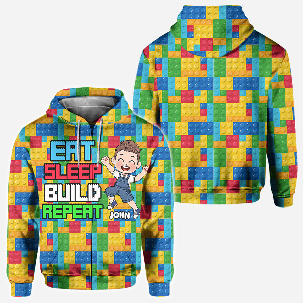 Personalized Fun Kids All Over Shirt with Name – Eat Sleep Build Repeat All Over Shirt GradoCreations