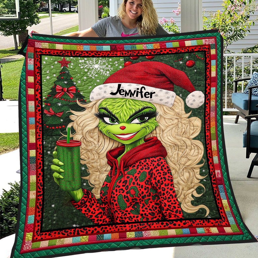Personalized Christmas Quilt with Green Lady Design for Unique Gifts Quilt GradoCreations