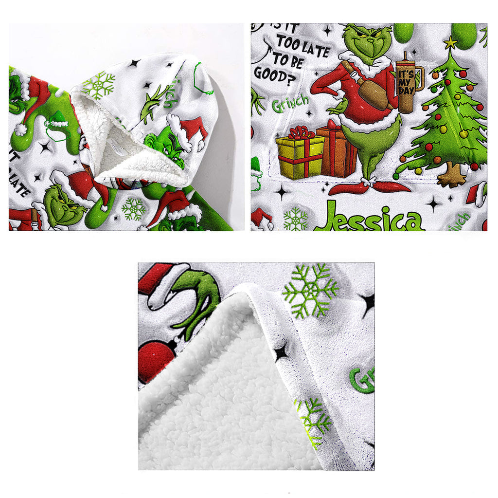 Personalized Grinchmas Blanket Hoodie Gift for Kids - Cozy Holiday Apparel Blanket Hoodie GradoCreations