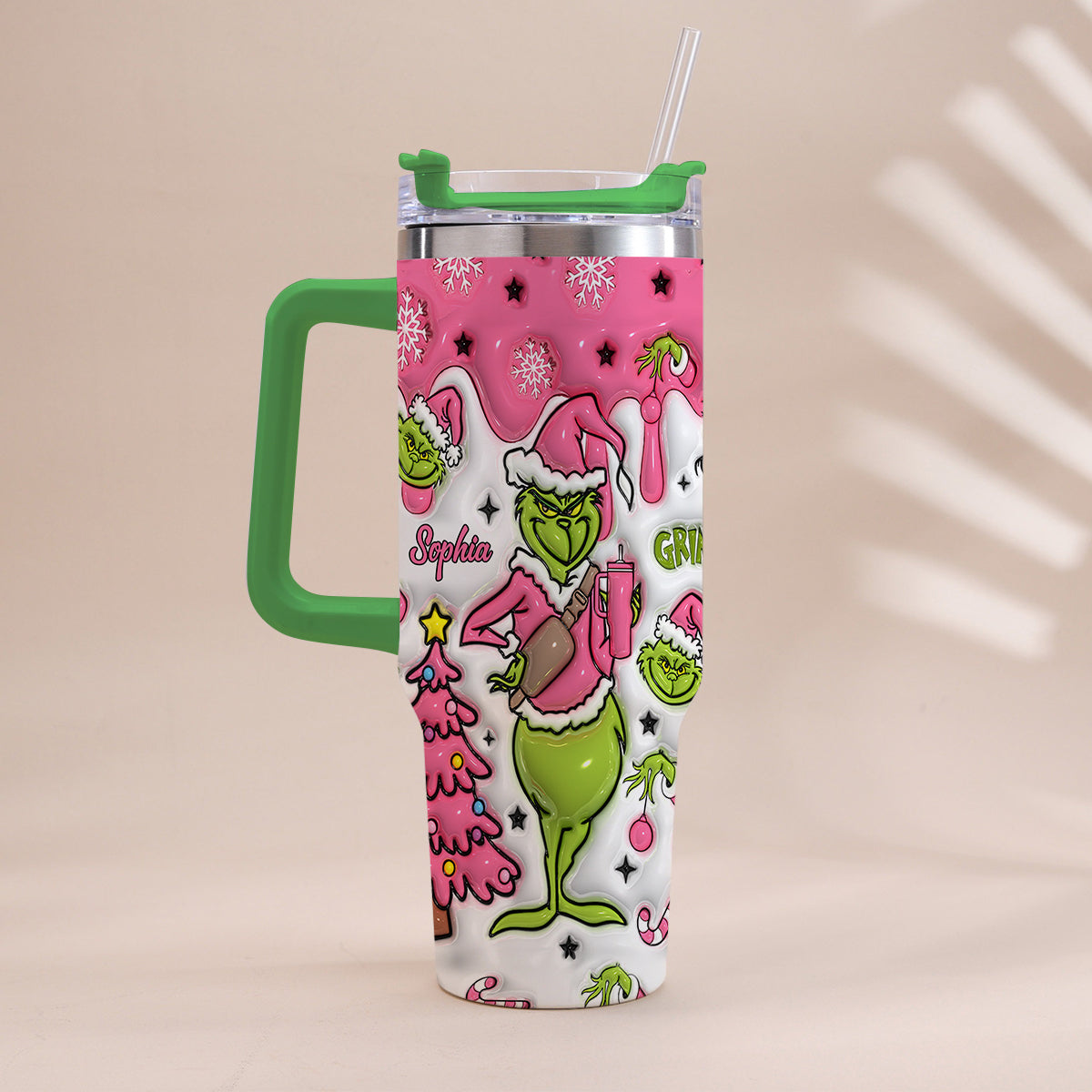 Personalized Grinch Christmas Tumbler with Handle Custom Name Gift Tumbler With Handle GradoCreations