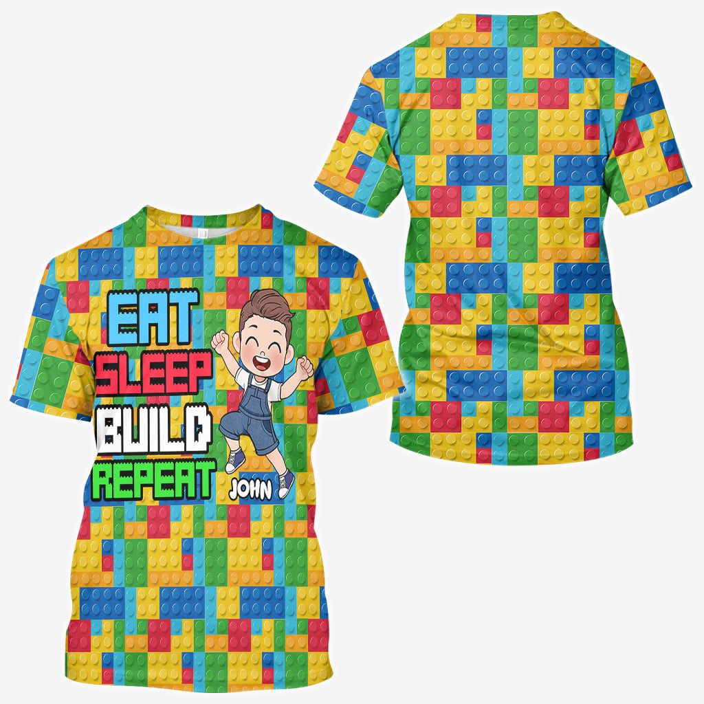Personalized Fun Kids All Over Shirt with Name – Eat Sleep Build Repeat All Over Shirt GradoCreations