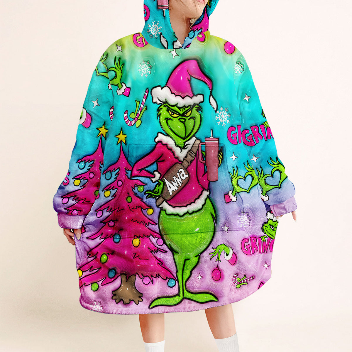 Personalized Grinch Christmas Blanket Hoodie Gift for Kids Blanket Hoodie GradoCreations