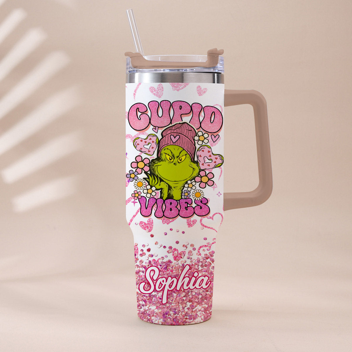 Personalized Cupid Vibes Tumbler with Handle for Christmas Gift Tumbler With Handle GradoCreations