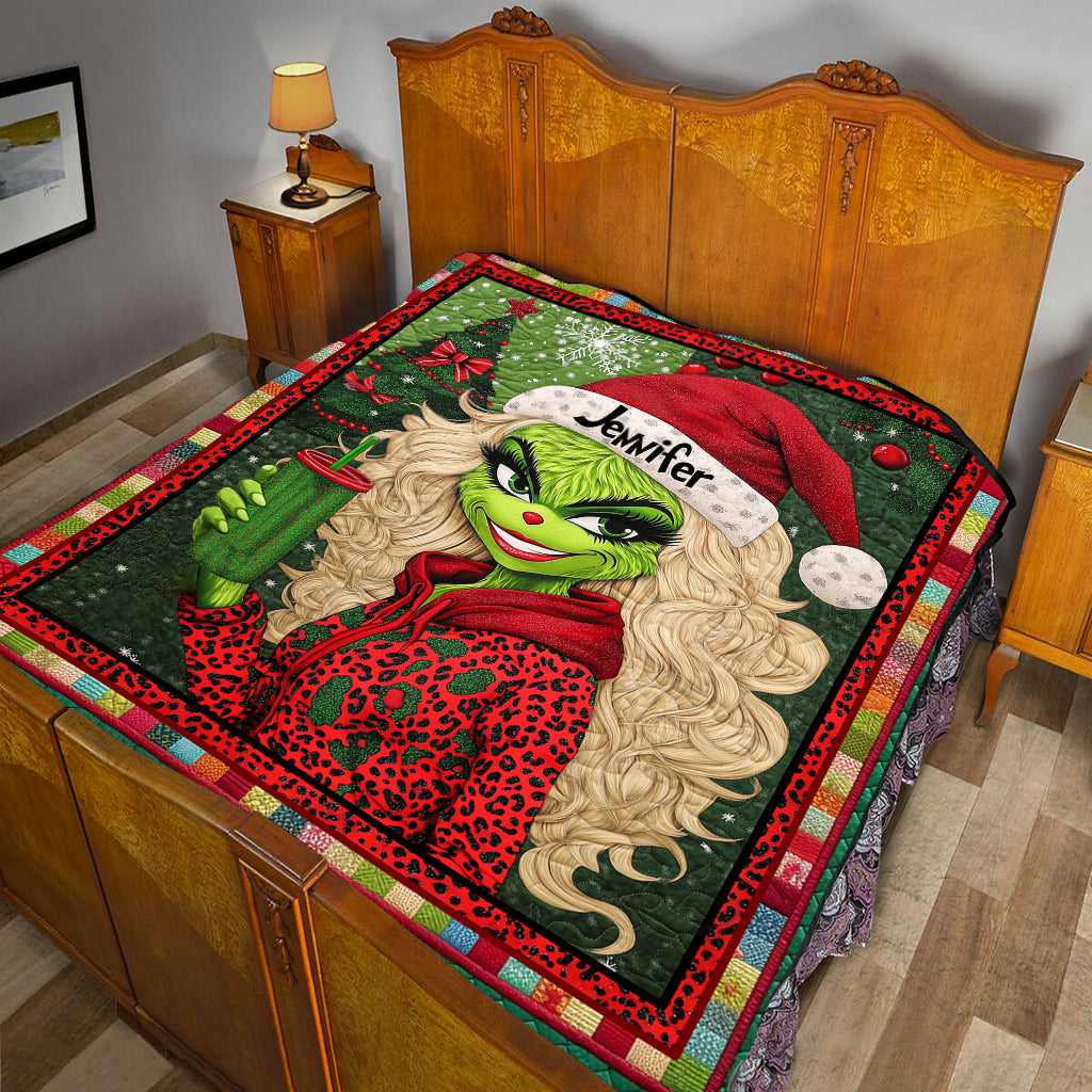 Personalized Christmas Quilt with Green Lady Design for Unique Gifts Quilt GradoCreations