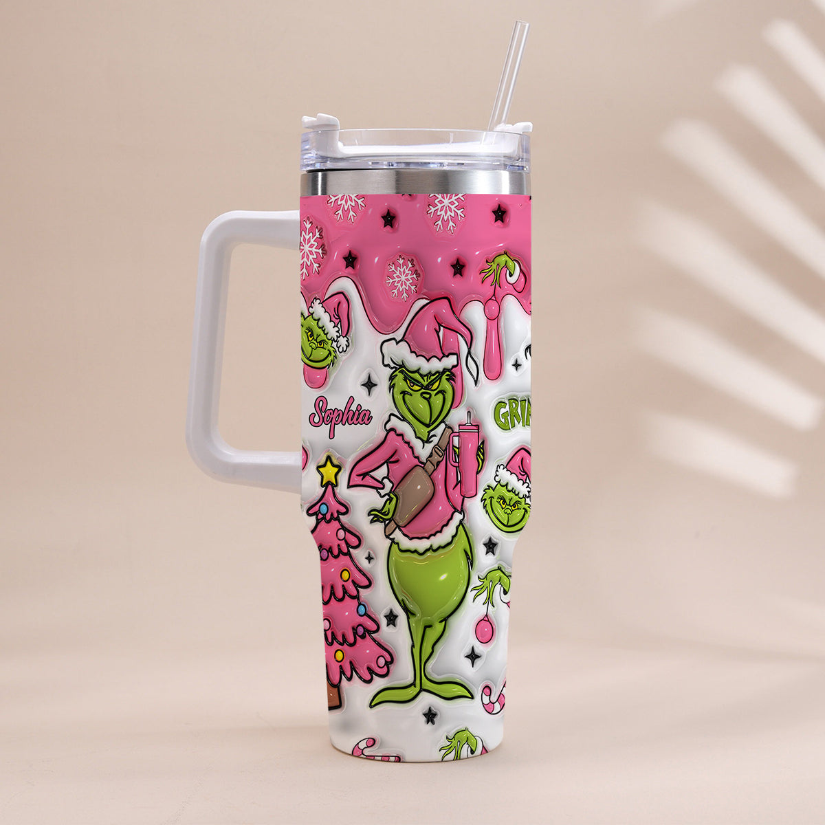 Personalized Grinch Christmas Tumbler with Handle Custom Name Gift Tumbler With Handle GradoCreations