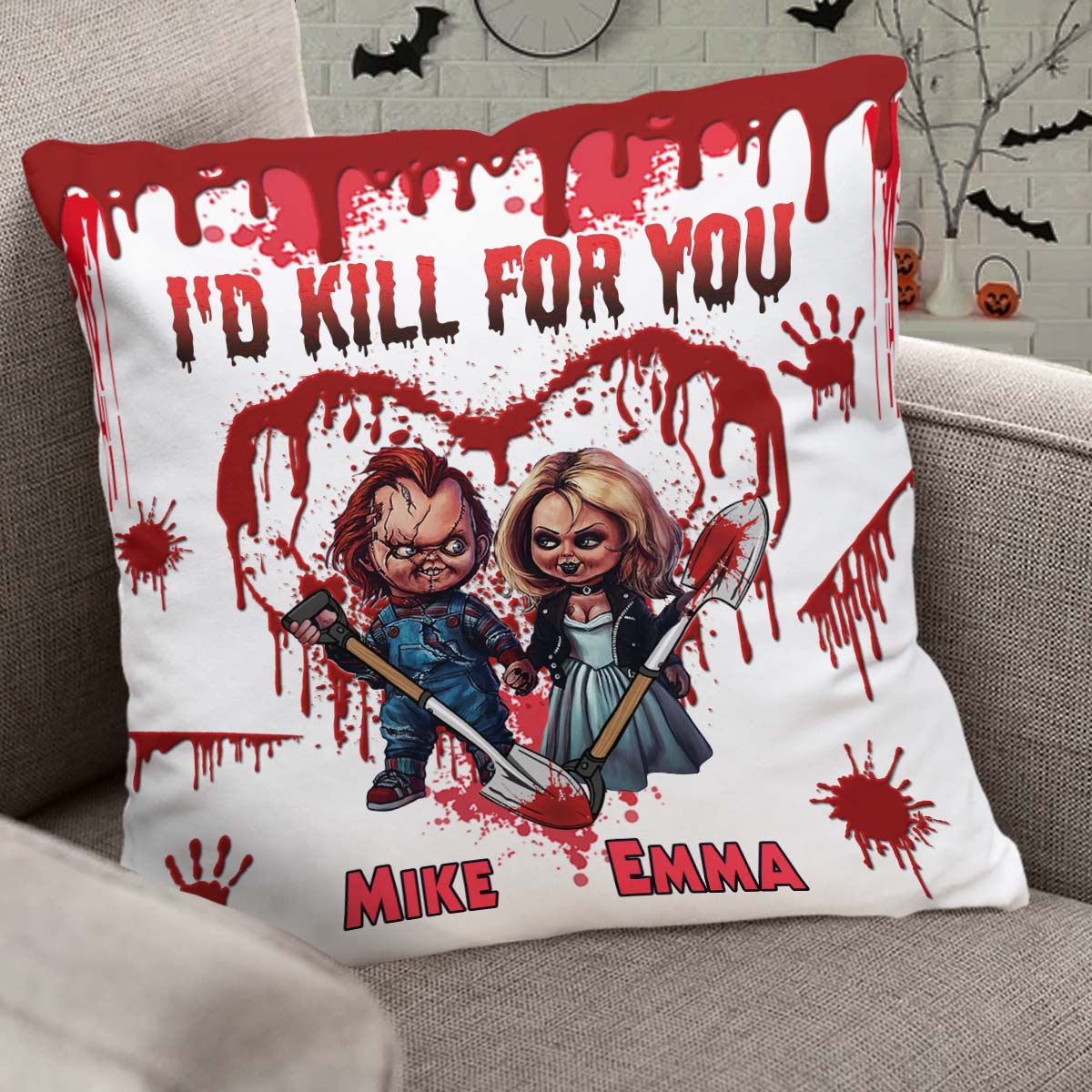 Personalized Horror Throw Pillow Custom Names Couples Gift Throw Pillow GradoCreations