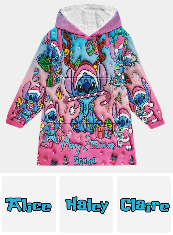 Personalized Merry Stitchmas Blanket Hoodie for Kids | Christmas Gift Blanket Hoodie GradoCreations