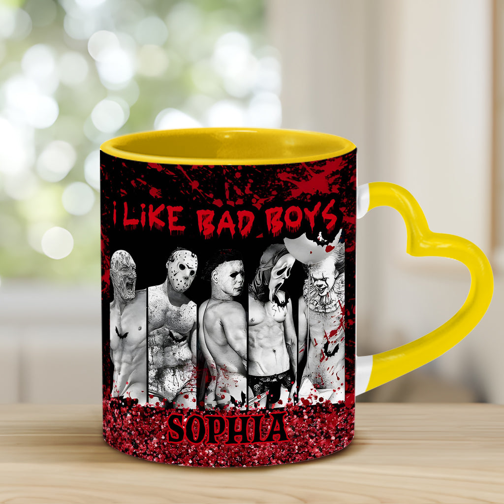 Personalized Heart Handle Mug with 'I Like Bad Boys' Design for Friends Heart Handle Mug GradoCreations