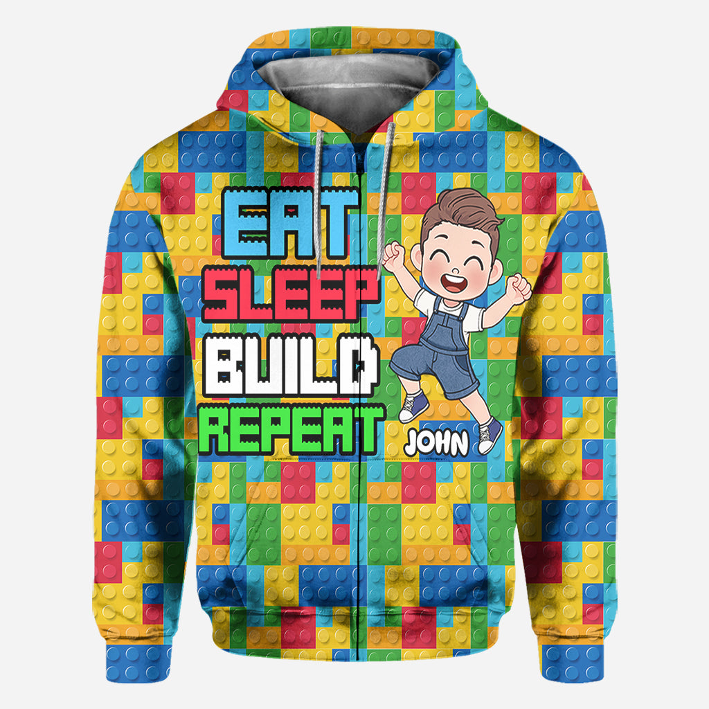 Personalized Fun Kids All Over Shirt with Name – Eat Sleep Build Repeat All Over Shirt GradoCreations