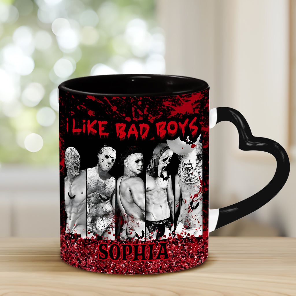 Personalized Heart Handle Mug with 'I Like Bad Boys' Design for Friends Heart Handle Mug GradoCreations